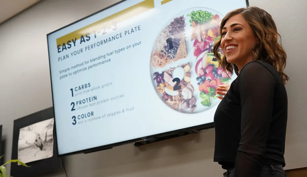 Jessica Isaacs, sports dietitian, presenting a performance plate guide